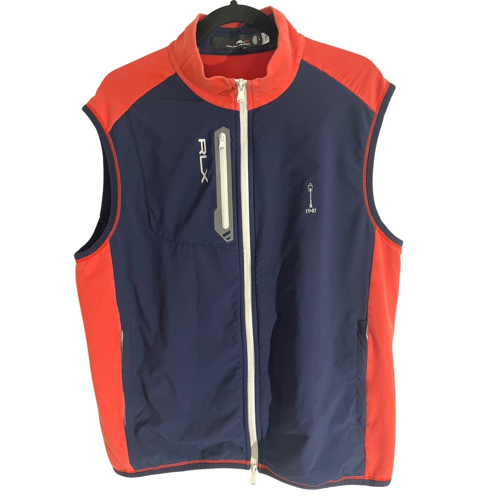 RLX Ralph Lauren Golf Vest Mens L Navy Blue Coral Red Full Zip Performance